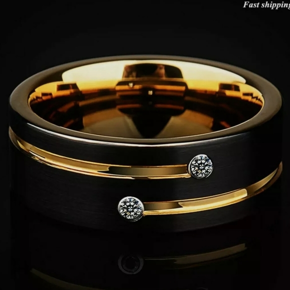 8mm Black Brushed Tungsten Ring Gold Grooved Line - Picture 5 of 7